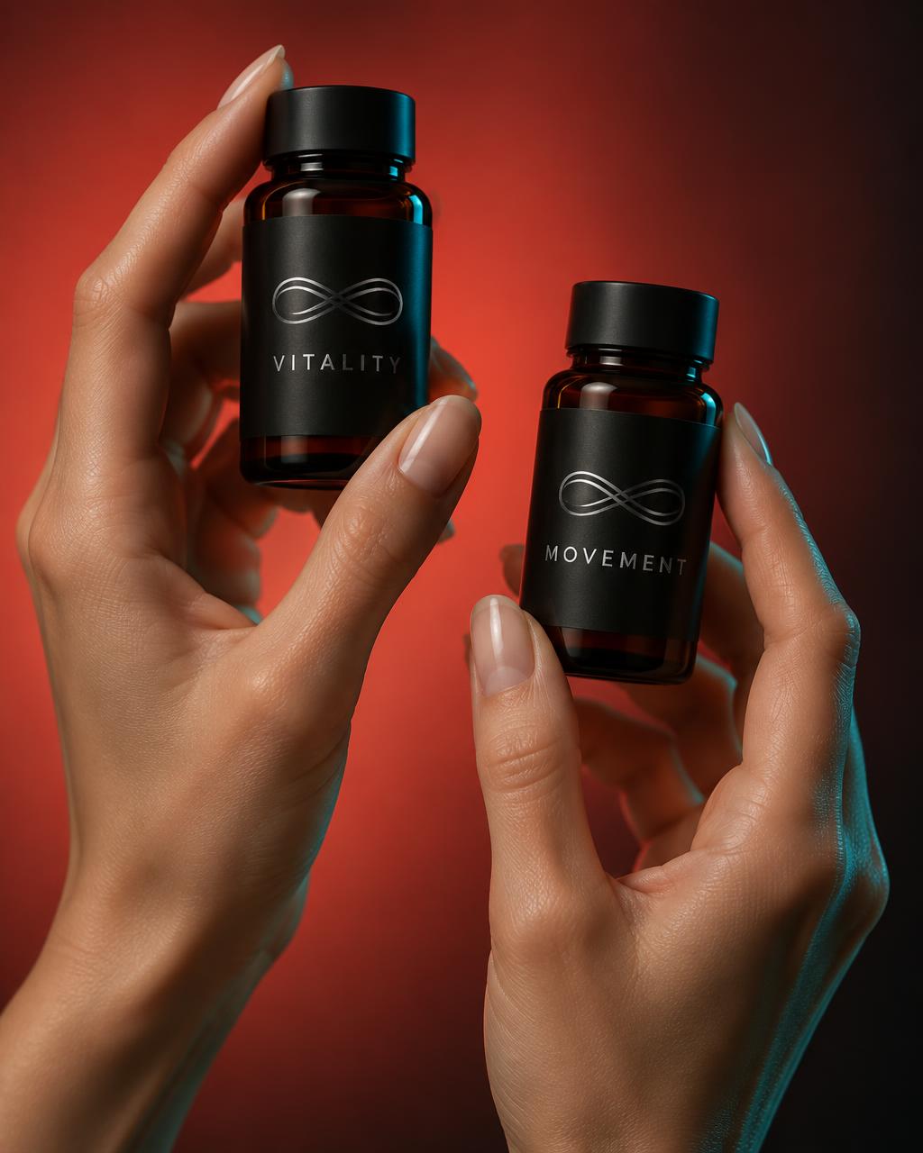 Hands presenting Vitality and Movement product vials