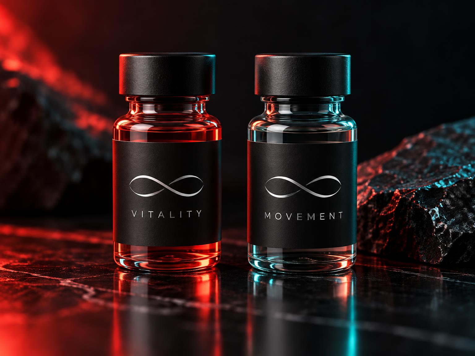 Two premium glass vials on a dark studio surface in warm coral light