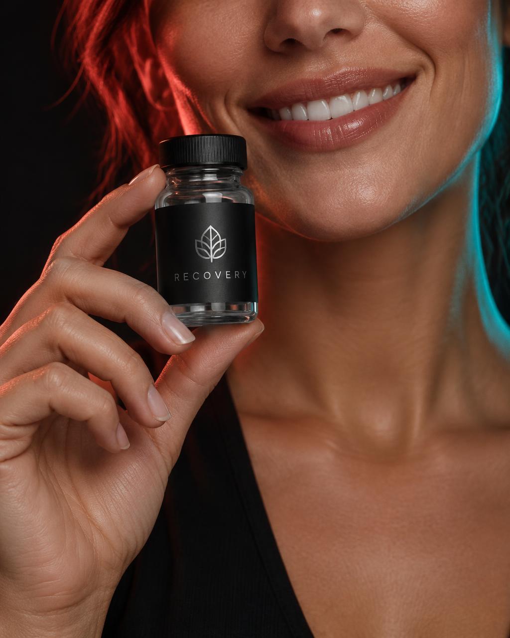 Woman presenting a Recovery product vial